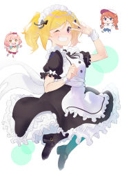 Rule 34 | 3girls, blonde hair, blush, chieru (princess connect!), chloe (princess connect!), highres, jumping, maid, multiple girls, open mouth, princess connect!, purple eyes, shimon (31426784), simple background, twintails, yuni (princess connect!)