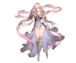 Rule 34 | 10s, 1girl, bare shoulders, blonde hair, blue eyes, boots, breasts, cleavage, collarbone, full body, gabriel (granblue fantasy), granblue fantasy, knee boots, large breasts, leotard, long hair, looking at viewer, minaba hideo, official art, overskirt, smile, solo, standing, thighs, transparent background, vambraces, white footwear