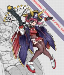 Rule 34 | 1girl, absurdres, ascot, black gloves, black hat, black thighhighs, bodystocking, breasts, cleavage, cosplay, covered navel, crossbone gundam, crossbone gundam x-1 full cloth, crossbone gundam x-1 full cloth (cosplay), eyepatch, fang, gloves, gun, gundam, hat, highres, holding, holding gun, holding weapon, hololive, houshou marine, looking at viewer, mecha musume, medium breasts, medium hair, one eye covered, open mouth, pirate hat, red ascot, red eyes, red hair, see-through, see-through cleavage, skull and crossbones, smile, solo, thighhighs, trait connection, twintails, uncleduk, v-fin, virtual youtuber, weapon, zoom layer