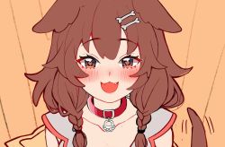 Rule 34 | 1girl, :3, :d, animal ears, blush, bone hair ornament, braid, brown eyes, brown hair, cartoon bone, collar, collarbone, commentary, dog ears, dog girl, dog tail, fangs, hair between eyes, hair ornament, happy, heart, heart-shaped pupils, hololive, inugami korone, inugami korone (1st costume), long hair, looking at viewer, low twin braids, open mouth, red collar, savi (byakushimc), smile, solo, symbol-shaped pupils, tail, twin braids, unfinished, virtual youtuber
