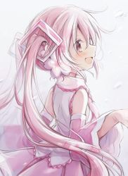 Rule 34 | 1girl, absurdres, bad id, bad twitter id, bare shoulders, blush, cherry blossoms, commentary, detached sleeves, flower, from behind, hair flower, hair ornament, hatsune miku, highres, hitode, light blush, long hair, open mouth, pink eyes, pink hair, pink skirt, pink sleeves, revision, sakura miku, shirt, skirt, sleeveless, sleeveless shirt, smile, snowing, solo, symbol-only commentary, twintails, upper body, very long hair, vocaloid, white shirt