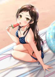Rule 34 | 1girl, arm support, beach, bikini, blue bikini, blush, breasts, brown eyes, brown hair, cleavage, collarbone, day, earrings, food, from above, highres, holding, holding food, idolmaster, idolmaster million live!, innertube, jewelry, kitazawa shiho, long hair, looking at viewer, medium breasts, open mouth, outdoors, popsicle, sideboob, sitting, solo, sparkle, striped bikini, striped clothes, swim ring, swimsuit, very long hair, watermelon bar, yuzuyu (hyui)
