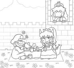 Rule 34 | 1boy, 2girls, armlet, ayyk92, blanket, bowsette, collar, crown, cup, flower, gloves, greyscale, hat, mario, mario (series), monochrome, multiple girls, new super mario bros. u deluxe, nintendo, overalls, princess peach, saucer, source request, spiked armlet, spiked collar, spiked gauntlets, spiked shell, spiked tail, spikes, super crown, tail, teacup, teapot, turtle shell