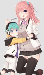 Rule 34 | 1boy, 1girl, :t, age difference, black thighhighs, blue eyes, blue hair, bow, bowtie, child, eyepatch, garter straps, grey background, headphones, holding hands, interlocked fingers, jacket, nei (os), one side up, open mouth, original, os (os fresa), pink hair, plaid, plaid skirt, pointy ears, purple eyes, scrunchie, shorts, simple background, skirt, source request, souta (os), thighhighs, twitter username