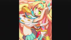 Rule 34 | 1girl, arc system works, armpits, bell, blazblue, blazblue: continuum shift, blonde hair, flat chest, green eyes, heart, heart-shaped pupils, magical girl, midriff, navel, official art, platinum the trinity, stomach, symbol-shaped pupils