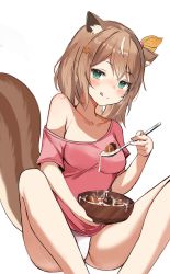 Rule 34 | 1girl, alternate costume, animal ears, ayunda risu, blush, bowl, breasts, brown hair, green hair, hair ornament, highres, hololive, hololive indonesia, liquid, medium breasts, no nut november, nut (food), orobou, panties, simple background, smile, spoon, squirrel ears, suggestive fluid, tail, thighs, underwear, virtual youtuber, white background
