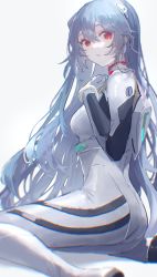 Rule 34 | 1girl, :o, absurdres, alternate hair length, alternate hairstyle, ass, ayanami rei, bodysuit, breasts, evangelion: 3.0+1.0 thrice upon a time, feet out of frame, from side, gloves, hair between eyes, hand on own chest, highres, huge filesize, long hair, looking at viewer, looking to the side, medium breasts, neon genesis evangelion, oyuyu, parted lips, plugsuit, rebuild of evangelion, red eyes, silver hair, sitting, skin tight, solo, very long hair, white bodysuit, white gloves