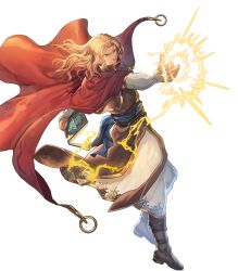 Rule 34 | 1boy, arlen (fire emblem), attack, blonde hair, book, brown footwear, cape, fire emblem, fire emblem: mystery of the emblem, fire emblem heroes, highres, holding, holding book, hood, hooded cape, light, medium hair, nintendo, non-web source, official art, red cape, solo, v-shaped eyebrows, wavy hair