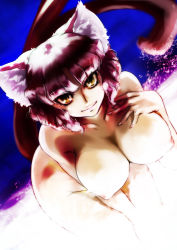 Rule 34 | &gt;:), 1girl, animal ears, bad id, bad pixiv id, bent over, between thighs, breast suppress, breasts, cat ears, cat girl, cat tail, chikuwa (tks), cleavage, dutch angle, eyelashes, female focus, ghost sweeper mikami, hip focus, huge breasts, large breasts, looking at viewer, multiple tails, naughty face, nekomata, nipples, nude, purple hair, red hair, slit pupils, smile, solo, tail, v-shaped eyebrows, yellow eyes
