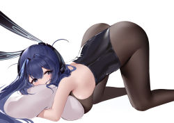 Rule 34 | 1girl, absurdres, all fours, an yasuri, animal ears, ass, azur lane, bare arms, bare shoulders, black leotard, blue eyes, blue hair, breasts, brown pantyhose, covering own mouth, fake animal ears, hair intakes, heart, heart-shaped pupils, highleg, highleg leotard, highres, hugging object, large breasts, leotard, long hair, looking at viewer, new jersey (azur lane), new jersey (exhilarating steps!) (azur lane), official alternate costume, pantyhose, pillow, pillow hug, playboy bunny, rabbit ears, simple background, solo, strapless, strapless leotard, symbol-shaped pupils, top-down bottom-up, very long hair, white background