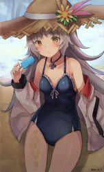 Rule 34 | 1girl, azur lane, bad id, bad pixiv id, bare shoulders, beach, black one-piece swimsuit, blue one-piece swimsuit, blurry, blurry background, blush, brown eyes, brown hat, closed mouth, collarbone, commentary request, cowboy shot, cross, day, depth of field, flower, food, frilled swimsuit, frills, grey hair, groin, hat, hat flower, highres, holding, holding food, iron cross, jacket, jewelry, leg tattoo, long hair, long sleeves, looking at viewer, mole, mole under eye, necklace, off shoulder, one-piece swimsuit, open clothes, open jacket, orange flower, outdoors, popsicle, ribbon, sand, solo, straw hat, swimsuit, tattoo, thighs, very long hair, white jacket, white ribbon, yu ni t, z46 (azur lane), z46 (her first summer) (azur lane)