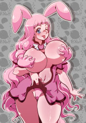 Rule 34 | + +, 1girl, animal ears, artist request, blue eyes, blush stickers, breasts, clothes lift, covering nipples, covering privates, grabbing, highres, huge breasts, long hair, melona (queen&#039;s blade), monster girl, one eye closed, pink hair, prehensile hair, queen&#039;s blade, rabbit ears, skirt, skirt lift, slime girl, solo, tongue, tongue out, wink