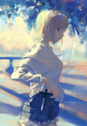 Rule 34 | 1girl, 7ife, absurdres, bad id, bad pixiv id, blonde hair, blouse, brown eyes, closed mouth, commentary, cowboy shot, denim, denim shorts, english commentary, expressionless, from side, highres, huge filesize, impressionism, knife, long sleeves, medium hair, original, outdoors, profile, railing, shadow, shirt, shorts, solo, white shirt