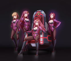 Rule 34 | 4girls, absurdres, blonde hair, blue eyes, bodysuit, breasts, brown eyes, cagalli yula athha, chinese commentary, cleavage, corruption, dark persona, flay allster, gundam, gundam seed, gundam seed destiny, hand on own hip, highres, lacus clyne, leebigtree, licking lips, long hair, looking at viewer, medium breasts, meer campbell, mixed-language commentary, multiple girls, pantyhose, pink hair, ponytail, purple eyes, short hair, sitting, smirk, throne, tongue, tongue out