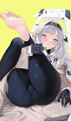 Rule 34 | 1girl, absurdres, barefoot, black gloves, black hairband, black pants, blue archive, blush, feet, flower, foot focus, gloves, green background, grey hair, hair flower, hair ornament, hair tubes, hairband, halo, highres, himari (blue archive), jacket, legs, long hair, long sleeves, looking at viewer, lying, mole, mole under eye, on back, open mouth, pants, pointy ears, robe, sadan1317, simple background, soles, solo, white jacket