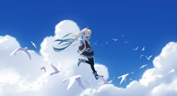 Rule 34 | 1girl, :d, absurdres, adapted costume, ankle boots, aqua eyes, aqua hair, aqua necktie, bare shoulders, bird, black thighhighs, blue eyes, blue hair, blue sky, boots, cloud, day, detached sleeves, dove, floating, floating hair, flock, from side, hair ornament, hatsune miku, high heel boots, high heels, highres, laluna, long hair, looking at viewer, looking away, looking down, looking to the side, midair, nature, necktie, open mouth, outstretched hand, skirt, sky, smile, solo, thighhighs, twintails, very long hair, vocaloid, walking, white footwear, wind, zettai ryouiki
