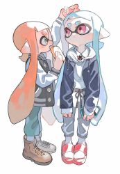 Rule 34 | 2girls, aqua hair, aspara, blunt bangs, closed mouth, eating, green eyes, hand on another&#039;s head, highres, holding, inkling, inkling girl, inkling player character, jacket, long hair, mask, multiple girls, nintendo, on head, open mouth, orange hair, pants, pointy ears, red eyes, sandals, shirt, shoes, shrimp, simple background, socks, squid, tentacle hair, white background, white shirt