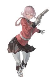 Rule 34 | 1girl, belt, boots, braid, coat, fate/grand order, fate (series), finger on trigger, florence nightingale (fate), gloves, gun, handgun, highres, holding, holding gun, holding weapon, looking to the side, makitoshi0316, multiple-barrel firearm, pantyhose, pepper-box, pepper-box revolver, pink hair, pleated skirt, red coat, red eyes, revolver, sidearm, skirt, solo, weapon, white background, white gloves, white pantyhose