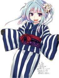 Rule 34 | 1girl, :d, bad id, bad pixiv id, black gloves, blue hair, blue kimono, blush, breasts, dated, fang, flower, gloves, hair flower, hair ornament, hands up, i-19 (kancolle), japanese clothes, kantai collection, kimono, long hair, long sleeves, looking at viewer, medium breasts, multicolored hair, nmz (namazu), obi, one side up, open mouth, pink hair, red eyes, sash, signature, simple background, smile, solo, standing, striped clothes, striped kimono, twitter username, two-tone hair, v-shaped eyebrows, white background, white flower, wide sleeves, yukata