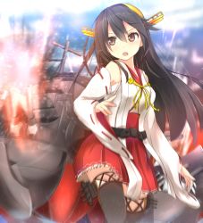 Rule 34 | &gt;:o, 10s, 1girl, :o, bare shoulders, black hair, brown eyes, cuon (kuon), detached sleeves, firing, frilled skirt, frills, hair ornament, hairband, hairclip, haruna (kancolle), headgear, highres, kantai collection, lace, lace-trimmed legwear, lace trim, machinery, muzzle flash, nontraditional miko, open mouth, red skirt, ribbon-trimmed sleeves, ribbon trim, skirt, solo, thighhighs, v-shaped eyebrows