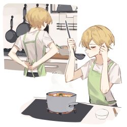 Rule 34 | 1boy, apron, blonde hair, blush, closed eyes, cooking, cooking pot, cutting board, food, from behind, frying pan, green apron, highres, ladle, limbus company, love mintchoco, male focus, multiple views, parted lips, plate, project moon, shirt, short sleeves, simple background, sinclair (project moon), soup, tying apron, upper body, white background, white shirt