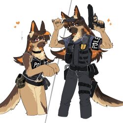 Rule 34 | 1girl, animal ear fluff, animal ears, arms up, black hat, black pants, black vest, body fur, bottomless, brown eyes, brown fur, brown hair, claws, closed mouth, colored inner hair, commentary request, cropped legs, dog ears, dog girl, dog tail, furry, furry female, gun, handgun, hat, highres, holding, holding gun, holding weapon, long hair, looking at viewer, multicolored hair, multiple views, orange hair, original, pants, paw pose, police, police uniform, policewoman, pouch, rata (norahasu), simple background, smile, standing, tail, thigh pouch, uniform, vest, weapon, white background