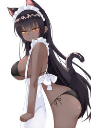 Rule 34 | animal ears, apron, arched back, bikini, black bikini, black hair, blue archive, blush, breasts, cat ears, cat girl, cat tail, clenched hand, closed mouth, cowboy shot, dark skin, embarrassed, frilled apron, frills, from side, hair between eyes, half-closed eyes, highres, karin (blue archive), kasumasu (tales75), large breasts, long hair, maid apron, shiny skin, sideboob, simple background, skindentation, standing, swimsuit, tail, very long hair, wavy mouth, white background, yellow eyes