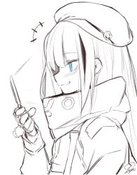 Rule 34 | 1girl, ^^^, beret, blue eyes, cellphone, flip phone, girls&#039; frontline, gloves, greyscale, grin, hat, long hair, long sleeves, mdr (girls&#039; frontline), monochrome, multicolored hair, phone, sidelocks, signature, simple background, sketch, smile, solo, spot color, streaked hair, tosyeo