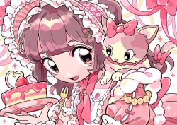 Rule 34 | 1girl, animal, animal on shoulder, brown hair, cake, cat, cat on shoulder, collar, collared dress, cream, dress, food, fork, frilled collar, frilled cuffs, frilled dress, frilled headwear, frills, fruit, hair ornament, hairband, hairclip, highres, holding, holding fork, holding plate, lolita fashion, lolita hairband, looking at animal, mika no nijika, multicolored eyes, neck ribbon, open mouth, original, pink dress, pink headwear, pink nails, pink ribbon, plate, puffy short sleeves, puffy sleeves, ribbon, short sleeves, sidelocks, smile, solo, sparkle, strawberry, sweet lolita, tail, tail ornament, tail ribbon, white background, white collar, wrist cuffs, yellow ribbon