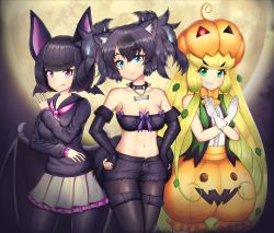 Rule 34 | animal ears, bare shoulders, bat ears, bat girl, bat wings, black gloves, black hair, black legwear, black shorts, blonde hair, blue eyes, blush, bow, bowtie, breasts, cerberus (kemono friends), character name, cleavage, collar, collarbone, common vampire bat (kemono friends), crop top, dog ears, dog girl, dog tail, elbow gloves, fingerless gloves, gloves, green eyes, grin, halloween, hands on own hips, highres, jack-o&#039;-lantern (kemono friends), kemono friends, large breasts, long hair, long sleeves, looking at viewer, neckerchief, neukkom, orange bow, orange bowtie, orange shorts, pantyhose, parted lips, pink eyes, pink neckerchief, pleated skirt, purple bow, scar, scar across eye, scar on face, shiny clothes, shiny legwear, shirt, short hair, short shorts, short twintails, shorts, skirt, sleeveless, sleeveless shirt, smile, tail, teeth, twintails, unbuttoned, open fly, very long hair, white skirt, wings