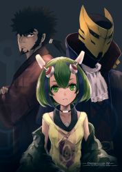 Rule 34 | 10s, 1girl, 2boys, android, artist name, bad id, bad pixiv id, beard, blue hair, copyright name, crossed arms, cyborg, dimension w, facial hair, green eyes, green hair, japanese clothes, looking at viewer, loser (dimension w), mabuchi kyoma, mapo nk, mask, multicolored hair, multiple boys, robot ears, short hair, short ponytail, streaked hair, two-tone hair, yurizaki mira
