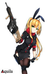 1girl animal_ears assault_rifle black_gloves blonde_hair breasts brown_legwear commentary_request female_focus gloves green_eyes gun handgun healther holster knee_pads leaning_to_the_side long_hair looking_at_viewer medium_breasts military original ponytail pouch rabbit_ears rifle simple_background smile solo standing standing_on_one_leg thigh_holster thigh_strap weapon white_background