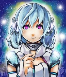 Rule 34 | 10s, 1girl, 2012, alpha (acerailgun), android, blue hair, borrowed character, bridal gauntlets, choker, flat chest, image sample, looking at viewer, original, pink eyes, robert knight, signature, smile, solo, upper body