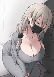 Rule 34 | 1girl, 1other, black mask, black scrunchie, breasts, cleavage, closed eyes, collarbone, commentary, covered mouth, dongtan dress, dress, ear piercing, earrings, grey dress, grey hair, hair between eyes, hair ornament, hair over shoulder, hair scrunchie, jewelry, large breasts, leaning to the side, long hair, long sleeves, mask, mature female, meme attire, motion lines, mouth mask, nago purin, necklace, piercing, scrunchie, sitting, sleeping, solo focus, symbol-only commentary, uzaki-chan wa asobitai!, uzaki tsuki
