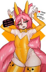 Rule 34 | 1girl, animal ear fluff, animal ears, bare shoulders, bow, cat ears, cat girl, cat tail, emoji, english text, fingerless gloves, fir3born, gloves, hair between eyes, highres, leotard, looking at viewer, meme, original, playboy bunny, red eyes, red hair, sharp teeth, short hair, simple background, solo, solo focus, speech bubble, standing, tail, teeth, thick thighs, thighhighs, thighs, thinking emoji, thonk (fir3born), twitter strip game (meme), white background, yellow bow, yellow gloves, yellow thighhighs