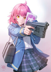 Rule 34 | &gt; &lt;, 1girl, 2023, ahoge, aiming, artist logo, bag, blue jacket, blue skirt, blunt bangs, blunt ends, buttons, collared shirt, commentary, cowboy shot, dated, drawing, earbuds, earphones, english commentary, finger on trigger, gradient background, grey background, grey bag, gun, h&amp;k usp, handgun, highres, hiroki ree, holding, holding notebook, hood, hood down, hooded jacket, hoodie, jacket, laser sight, long sleeves, looking ahead, love live!, love live! nijigasaki high school idol club, notebook, open clothes, open jacket, pink hair, plaid, plaid skirt, pleated skirt, pocket, rina-chan board, school bag, shirt, shirt tucked in, shoulder bag, single stripe, skirt, solo, striped, tennoji rina, weapon, white background, white shirt, white stripes, yellow eyes