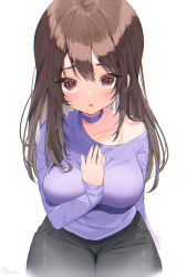 Rule 34 | 1girl, :o, arm between breasts, bad id, bad pixiv id, between breasts, black pants, blush, breasts, brown eyes, brown hair, choker, commentary request, highres, koyubita, large breasts, long hair, long sleeves, looking at viewer, original, pants, purple choker, purple shirt, shirt, signature, simple background, single bare shoulder, sitting, solo, upturned eyes, white background
