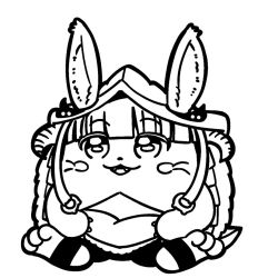 Rule 34 | 1other, :3, ambiguous gender, animal ears, barefoot, bkub, blunt bangs, blush, blush stickers, body fur, claws, commentary, ears through headwear, fake horns, fangs, full body, furry, greyscale, hair ornament, helmet, horizontal pupils, horned helmet, horns, made in abyss, monochrome, nanachi (made in abyss), rabbit ears, sidelocks, simple background, sitting, solo, tail, whiskers, white background