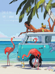 Rule 34 | absurdres, animal, banana, beach, bikini, bird, blue-tinted eyewear, blue sky, bottle, bracelet, campervan, closed mouth, cloud, commentary, curtains, dark-skinned female, dark skin, dress shirt, drink, drinking straw, earrings, english commentary, english text, engrish commentary, fish, flamingo, food, fruit, glass bottle, highres, holding, holding animal, holding fish, jewelry, looking at animal, looking at food, magarita, newspaper, on vehicle, original, outdoors, palm tree, pineapple, plastic straw, sand, shirt, sky, sparkling water, swimsuit, table, tinted eyewear, tree, triangle earrings, volkswagen, water, white bikini, xi zhang, yellow eyes