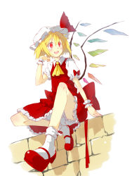 Rule 34 | 1girl, ascot, bad id, bad pixiv id, blonde hair, bloomers, blush, female focus, flandre scarlet, hat, hat ribbon, kawahara fantasia, looking away, mary janes, open mouth, red eyes, ribbon, shoes, short hair, side ponytail, skirt, skirt set, smile, socks, solo, touhou, underwear, upskirt, wall, wings, wrist cuffs