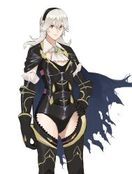 Rule 34 | 1girl, absurdres, armor, armored leotard, arms at sides, artist request, black armor, black cape, black hairband, black leotard, black thighhighs, breasts, cape, cleavage, clenched hands, corrin (female) (fire emblem), corrin (female) (nohr noble) (fire emblem), corrin (fire emblem), female focus, fire emblem, fire emblem fates, gauntlets, hair between eyes, hair ornament, hairband, hand on own hip, happy, highres, intelligent systems, leotard, long hair, medium breasts, neck, neckerchief, nintendo, official alternate costume, pointy ears, red eyes, revealing clothes, shoulder armor, sidelocks, simple background, smile, standing, thighhighs, thong leotard, torn cape, torn clothes, wavy hair, white background, white hair