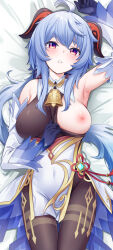 Rule 34 | 1girl, absurdres, ahoge, arm up, armpits, bare shoulders, bed, bell, black pantyhose, blue gloves, blue hair, blush, borushichi, breasts, clothes pull, covered erect nipples, covered navel, dakimakura (medium), detached sleeves, ganyu (genshin impact), genshin impact, gloves, gold trim, highres, horns, long hair, looking at viewer, lying, medium breasts, neck bell, nipples, on back, one breast out, pantyhose, pulling own clothes, purple eyes, sidelocks, solo, sweatdrop, tassel, thighlet, thighs, variant set, vision (genshin impact), white sleeves