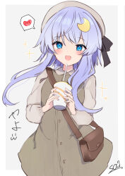 Rule 34 | 1girl, artist name, bag, beret, blue eyes, blush, brown dress, crescent, crescent hair ornament, dress, drink, drinking straw, grey hat, hair ornament, hat, heart, holding, holding drink, kantai collection, long sleeves, open mouth, purple hair, short hair with long locks, shoulder bag, sidelocks, signature, smile, solo, sou (soutennkouchi), spoken heart, yayoi (kancolle)