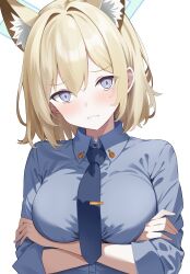 Rule 34 | 1girl, alternate hairstyle, animal ear fluff, animal ears, aqua halo, blonde hair, blue archive, blue eyes, blue necktie, blue shirt, blush, breasts, collared shirt, commentary request, crossed arms, dog ears, dog girl, hair between eyes, halo, head tilt, highres, kanna (blue archive), large breasts, long sleeves, looking at viewer, medium hair, necktie, police, police uniform, policewoman, raimu (clanberry000), revision, sharp teeth, shirt, sidelocks, simple background, sleeves rolled up, solo, teeth, tie clip, uniform, upper body, white background