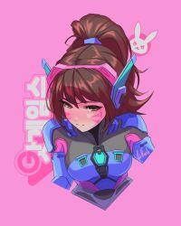 Rule 34 | 1girl, animification, artist name, blue bodysuit, bodysuit, brown eyes, brown hair, commentary, d.va (overwatch), english commentary, facepaint, from above, headphones, highres, korean text, noush, overwatch, overwatch 2, photoshop (medium), pilot suit, pink background, ponytail, sidelocks, smile, solo, upper body