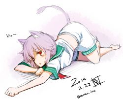 Rule 34 | 1girl, animal ear fluff, animal ears, bad link, bare arms, bare legs, barefoot, blush, cat ears, cat girl, cat tail, crossed legs, dated, full body, green sailor collar, kantai collection, kemonomimi mode, light purple hair, looking at viewer, lying, momo (higanbana and girl), nyan, on stomach, paw pose, puffy shorts, red eyes, sailor collar, shirt, short hair, short sleeves, shorts, sideways mouth, sketch, sleeve cuffs, slit pupils, solo, tail, tail raised, tama (kancolle), top-down bottom-up, translation request, up sleeve, white shirt, white shorts, wide sleeves