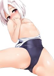 Rule 34 | 1girl, animal ears, blush, cameltoe, cleft of venus, clothes pull, flat chest, inubashiri momiji, looking at viewer, nipples, off shoulder, one-piece swimsuit, one-piece swimsuit pull, red eyes, school swimsuit, short hair, simple background, solo, swimsuit, terazip, thighs, touhou, white background, white hair, wolf ears