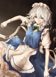 Rule 34 | 1girl, apron, blue eyes, blue skirt, blue vest, bow, bowtie, braid, buttons, closed mouth, commentary, gloves, green bow, green bowtie, grey hair, hair between eyes, highres, holding, holding knife, izayoi sakuya, knife, looking at viewer, maid, maid headdress, medium hair, moose (moosu193), pocket watch, short sleeves, skirt, solo, touhou, twin braids, unfinished, v-shaped eyebrows, vest, waist apron, waist bow, watch, white apron, white gloves