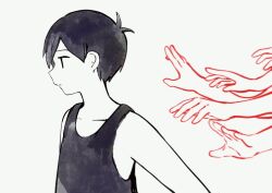 Rule 34 | 1boy, absurdres, antenna hair, bare shoulders, black hair, black tank top, closed mouth, collarbone, colored skin, expressionless, from side, hair behind ear, hair between eyes, highres, looking ahead, omori, omori (omori), short hair, sleeveless, solo, tank top, toukashi (2tou9), upper body, white background, white skin