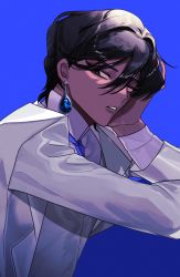 Rule 34 | 1boy, alternate costume, arjuna (fate), black eyes, black hair, blue background, blue necktie, collared shirt, commentary request, conmu, dark-skinned male, dark skin, earrings, expressionless, fate/extella, fate/extella link, fate/extra, fate/grand order, fate (series), highres, jewelry, korean commentary, long sleeves, looking at viewer, male focus, necktie, shirt, short hair, simple background, solo, upper body, white shirt